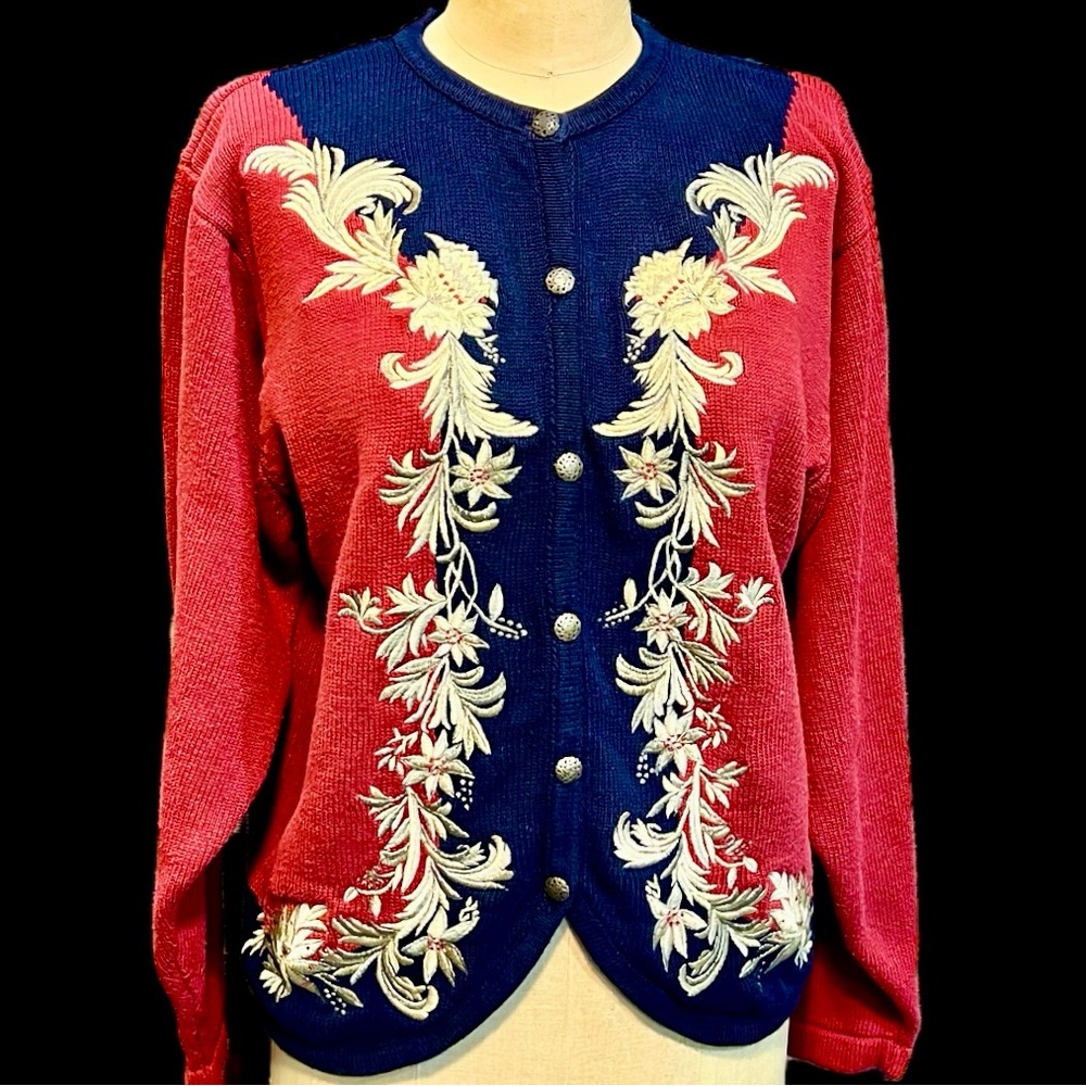 VINTAGE 90s Brooks Brother knit cardigan sweater button front gold scroll floral